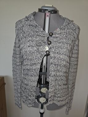 Royal Robbins Marled Black and White Button-Front Cardigan Textured Large